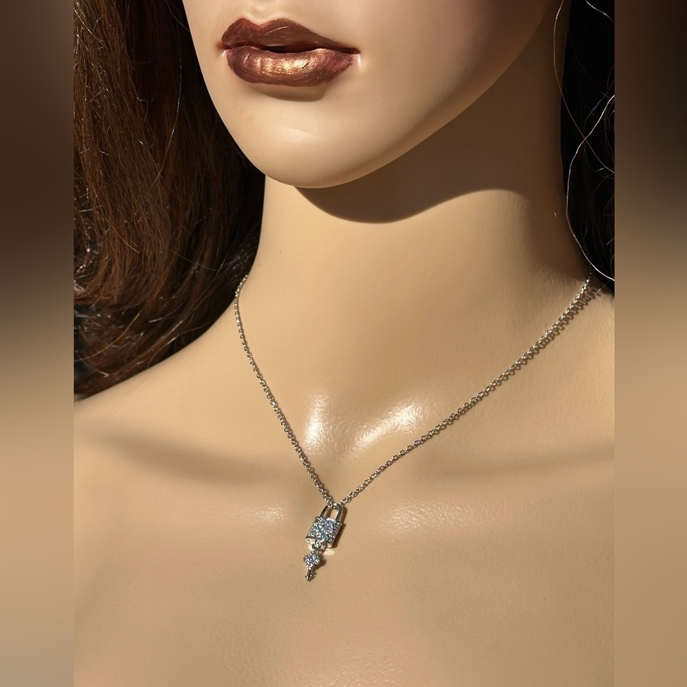 NIB: Stainless Steel Lock/Key CZ Necklace